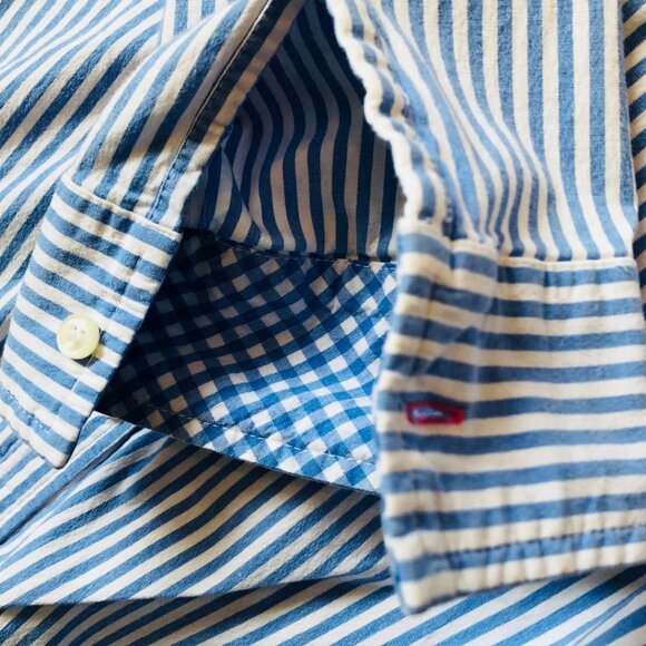 IZOD Women's Blue & White Striped Button Up, Fitted Blouse, Size: Petite Medium - Picture 7 of 9